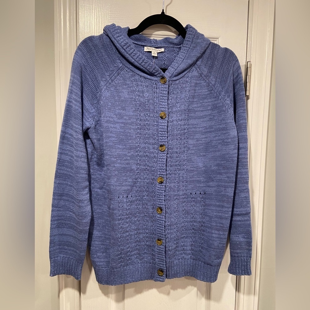 NWT NorthStyle Size S Blue Heather Button Front Hooded Cable Knit Cardigan
